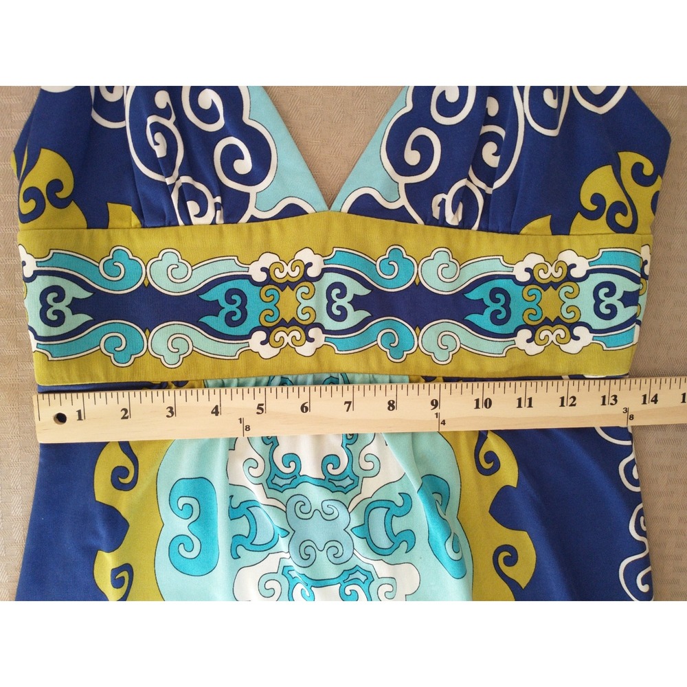 Trina Turk 100% Silk Dress Blue Green Psychedelic Print Empire Waist Size 2 Sexy - Picture 8 of 15